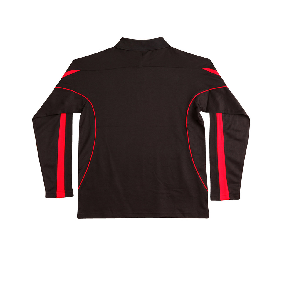 Black long sleeve polo with red and white contrast piping and sleeve panels