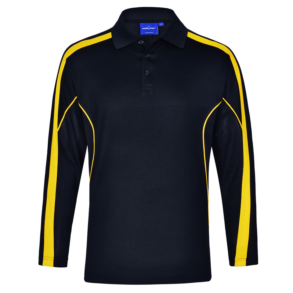 Navy long sleeve polo with gold contrast panels on shoulders and sides