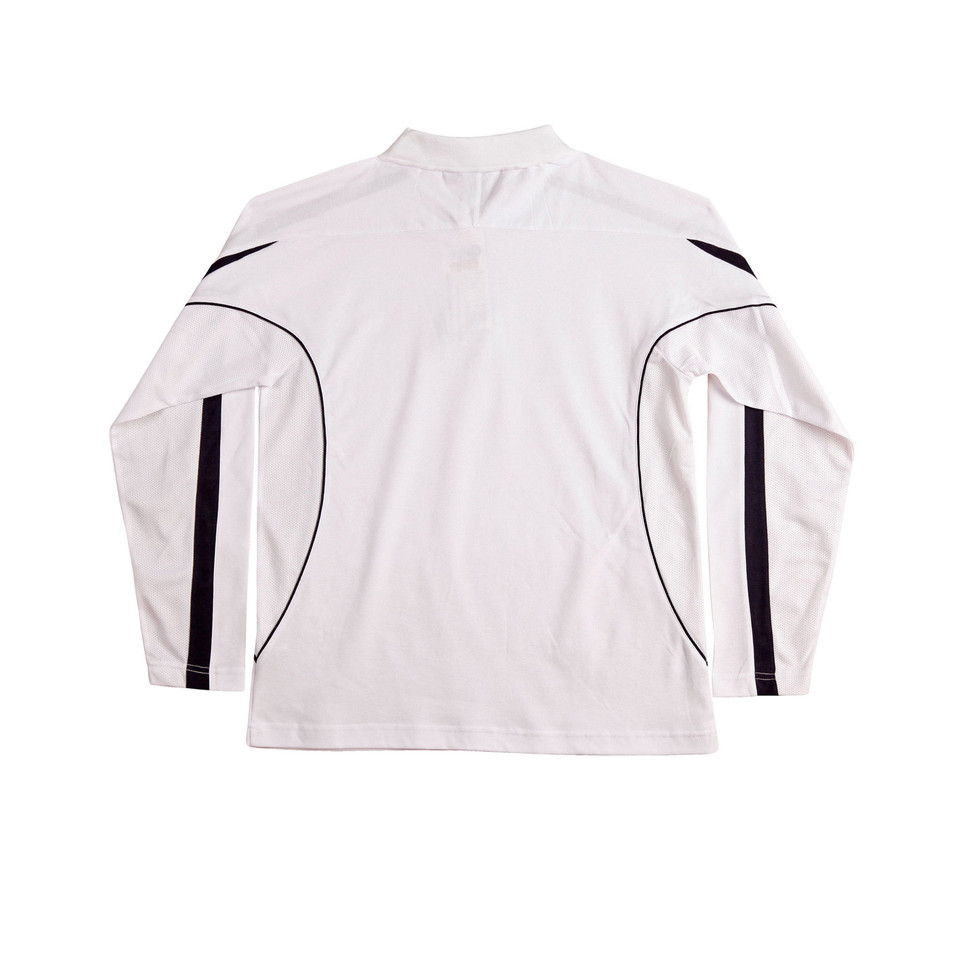 White long sleeve polo with black contrast panels and piping detail on sleeves and sides