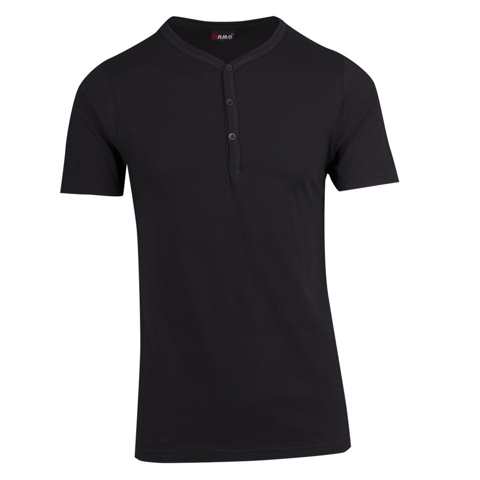 Black slim fit henley tshirt with three-button placket and chest pocket