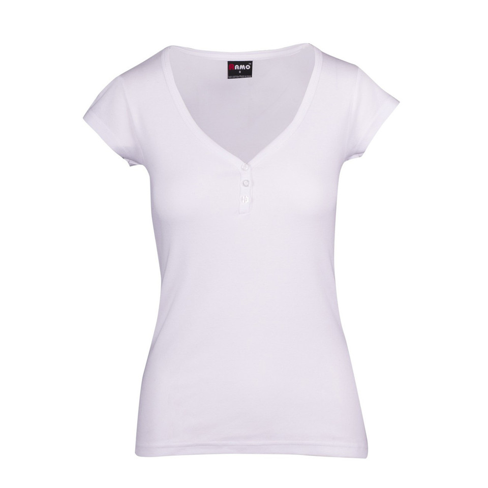 White slim fit women's henley tee with deep v-neck and three-button placket