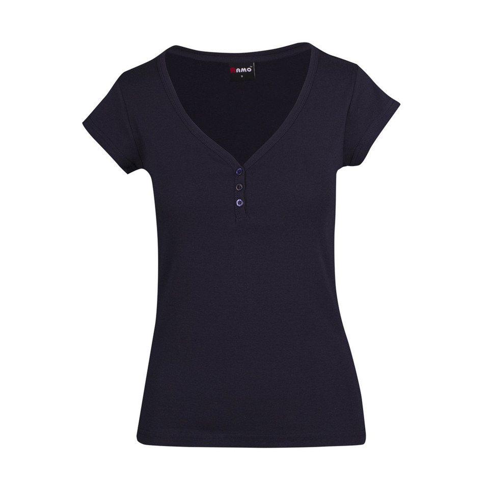 Ladies plain buy bulk Button-Neck tee | Navy