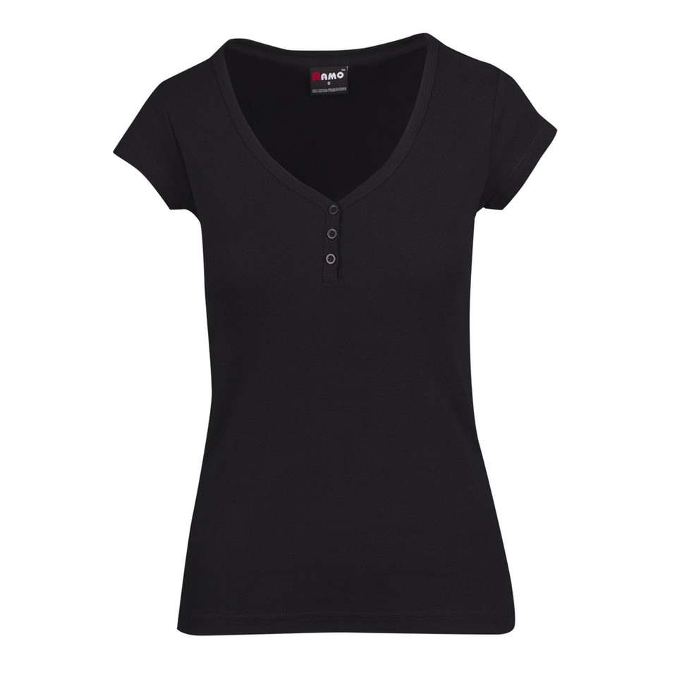 Black women's slim fit short sleeve Henley tee with deep V-neck and three-button placket