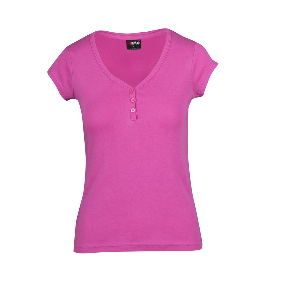 Fuchsia pink women's henley tee with deep v-neck button placket and cap sleeves in slim fit styling