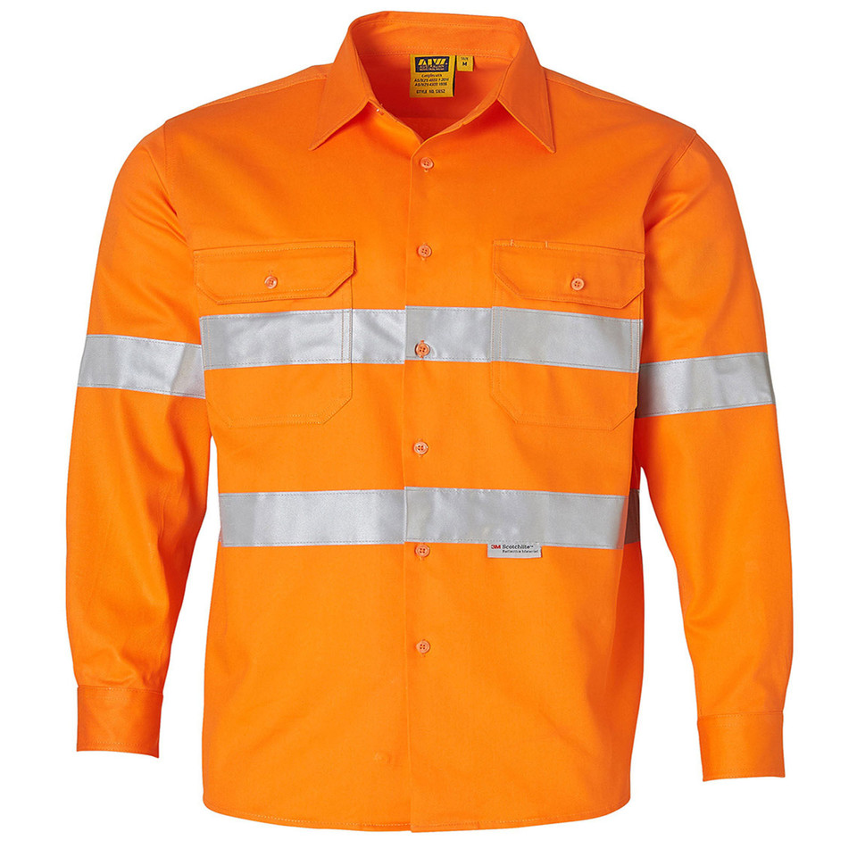 Orange hi-vis long sleeve drill shirt with dual 3M reflective tape bands and twin chest pockets