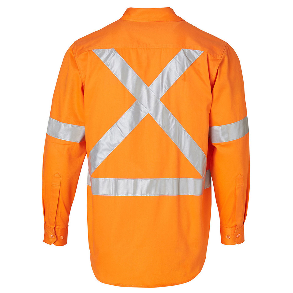 Orange hi-vis long sleeve drill shirt rear view with X-pattern and sleeve 3M reflective tape