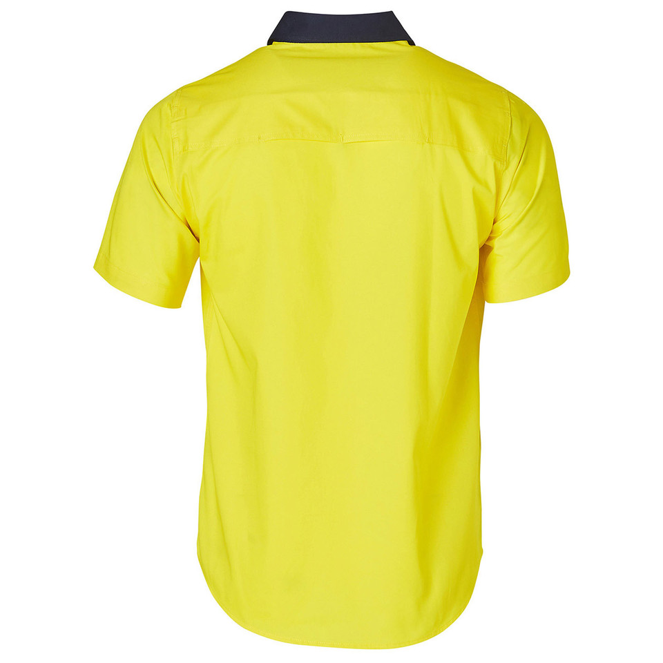 Back view of bright yellow hi-vis cotton twill work shirt with contrasting charcoal collar