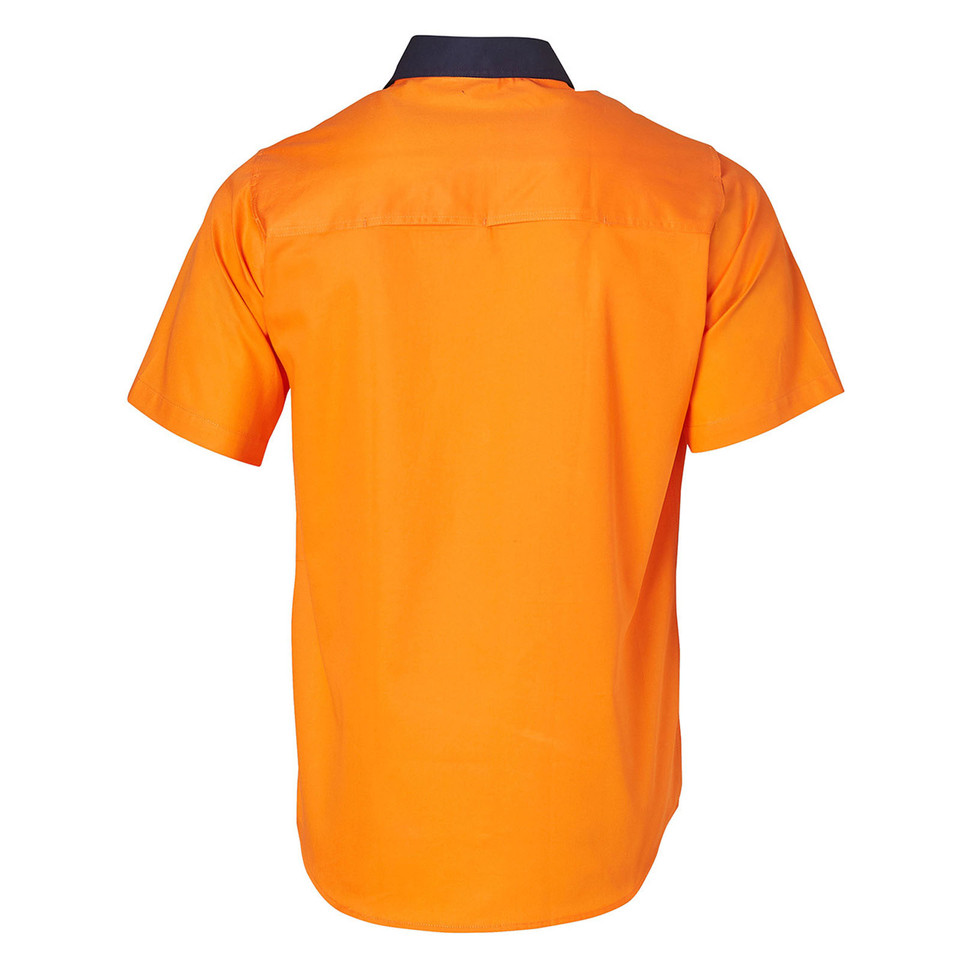 High visibility orange work shirt with navy collar and twin chest pockets with button-down flaps