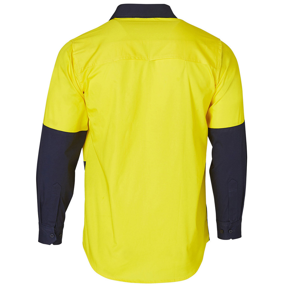 Back view of yellow and navy two-tone hi-vis long sleeve cotton shirt with button cuffs and contrast sleeves