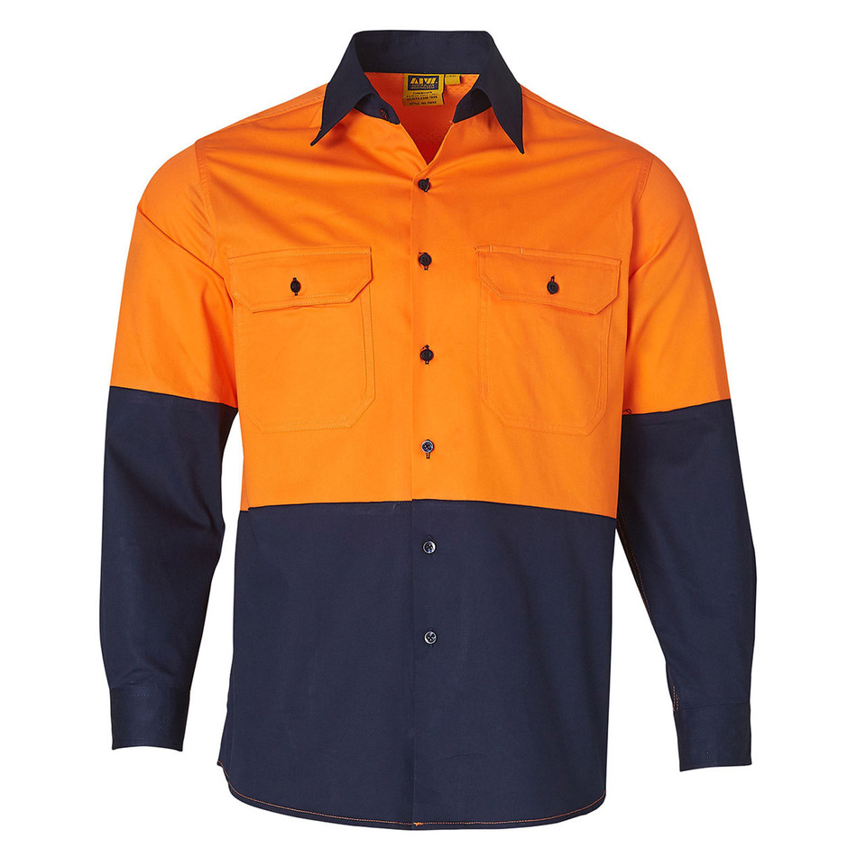High visibility work shirt in orange and navy two-tone with dual chest pockets and contrast collar