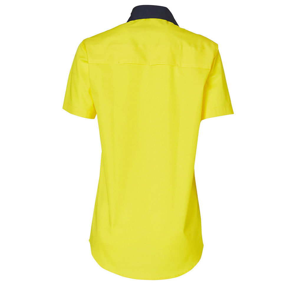 Hi-vis yellow women's work shirt with charcoal collar and short sleeves, back view showing curved hem