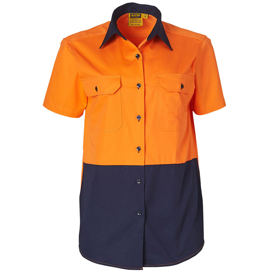 Hi-vis orange and navy two-tone work shirt with chest pockets and navy collar
