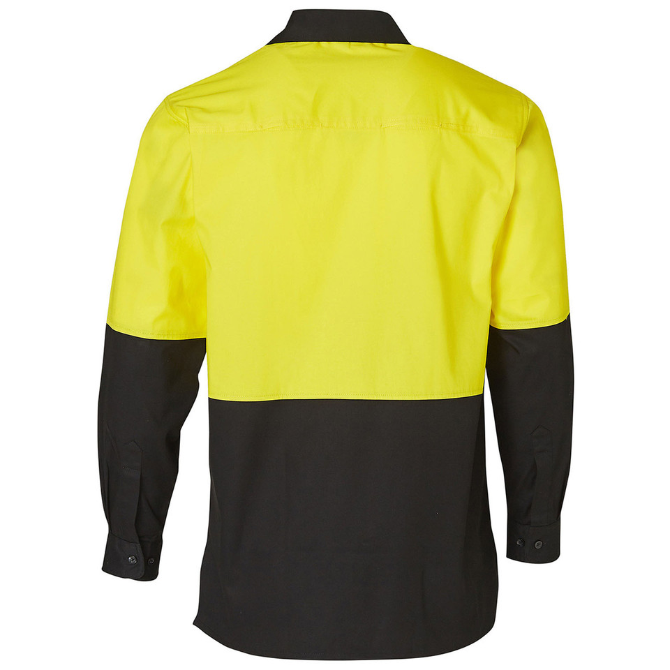 Hi-vis yellow and charcoal long sleeve work shirt with contrast colour block panel across chest and sleeves