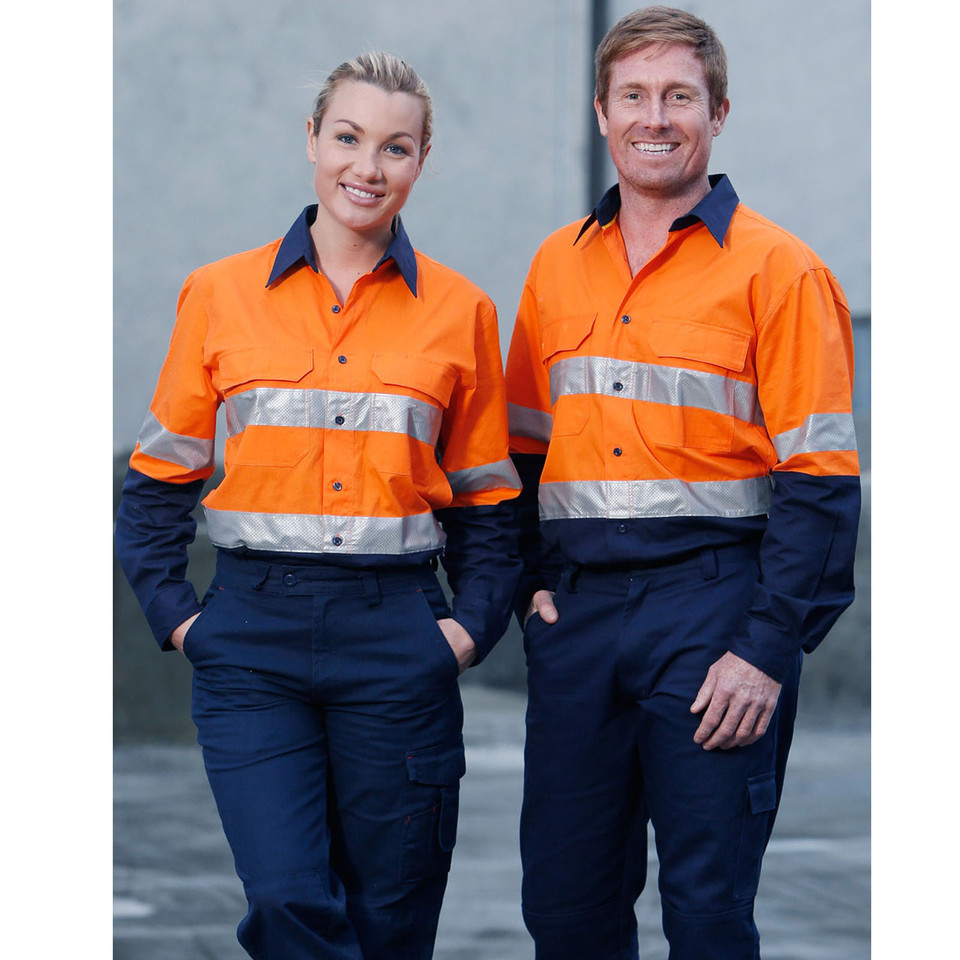 Orange and navy hi-vis work shirt with silver reflective tape across chest and sleeves