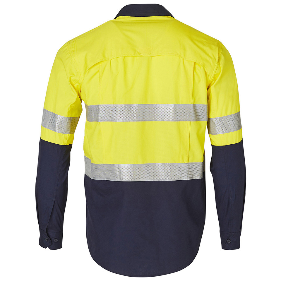 Hi-vis long sleeve work shirt in safety yellow and navy with silver 3M reflective tape across back and sleeves