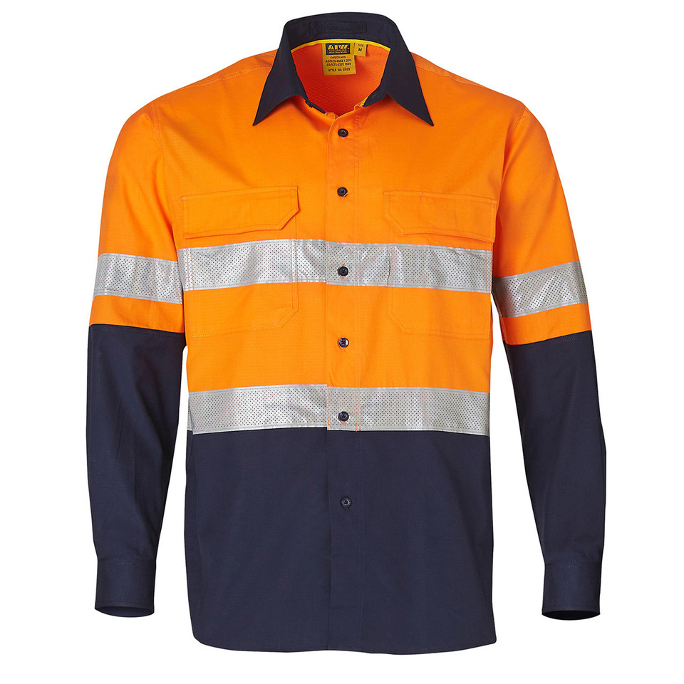 Orange and navy hi-vis work shirt with silver reflective tape stripes across chest and sleeves, dual chest pockets