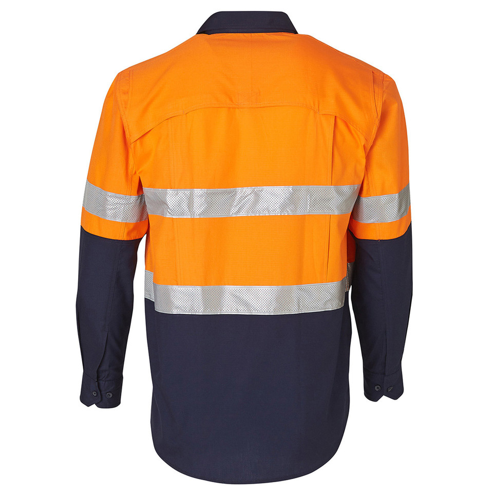 High visibility work shirt in orange and navy with reflective silver tape, back view showing chest pockets