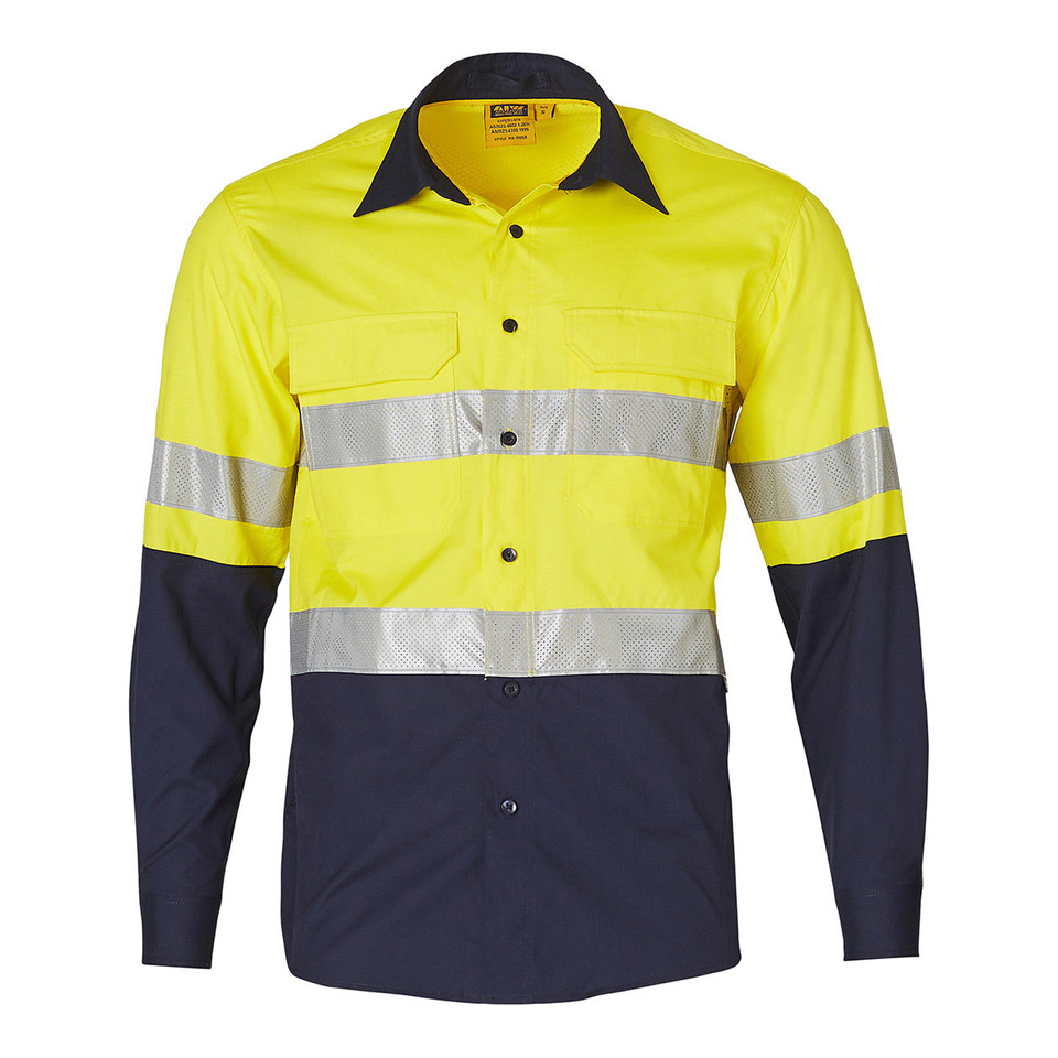Hi-vis yellow and navy work shirt with silver reflective tape and chest pockets