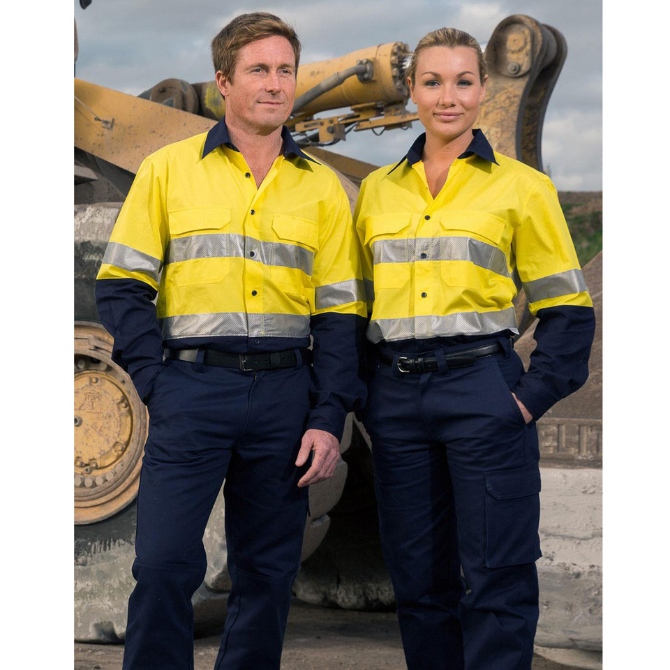 Hi-vis work shirts in fluorescent yellow and navy with 3M reflective tape across chest and sleeves