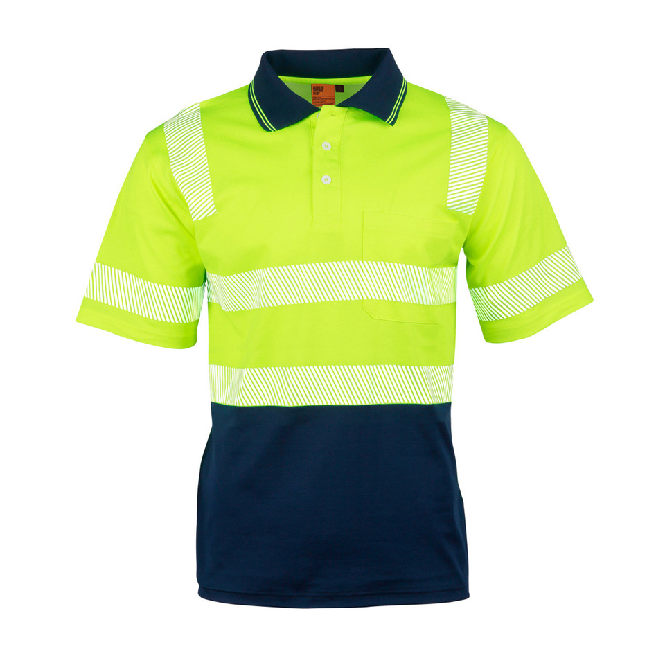 Safety yellow and navy polo shirt with segmented reflective tape across chest and shoulders