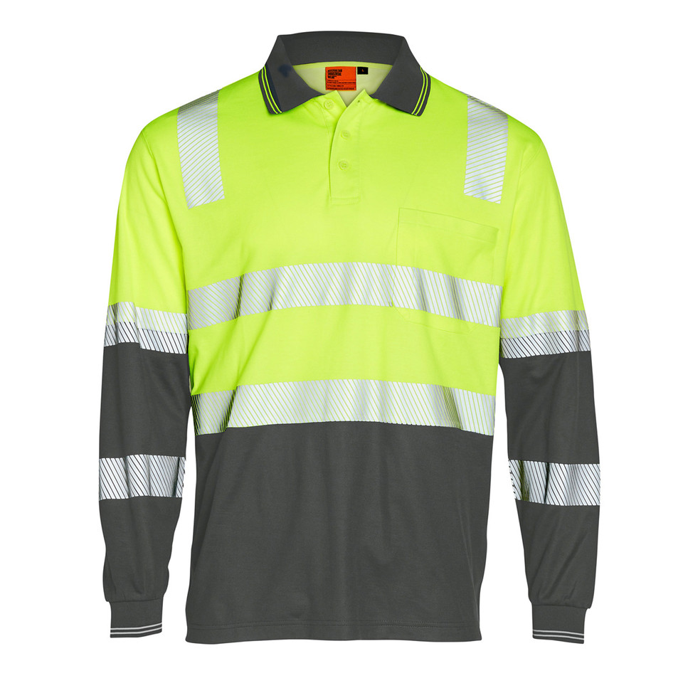 Hi-vis yellow and charcoal polo with segmented reflective tape on chest, shoulders and sleeves, featuring contrast collar