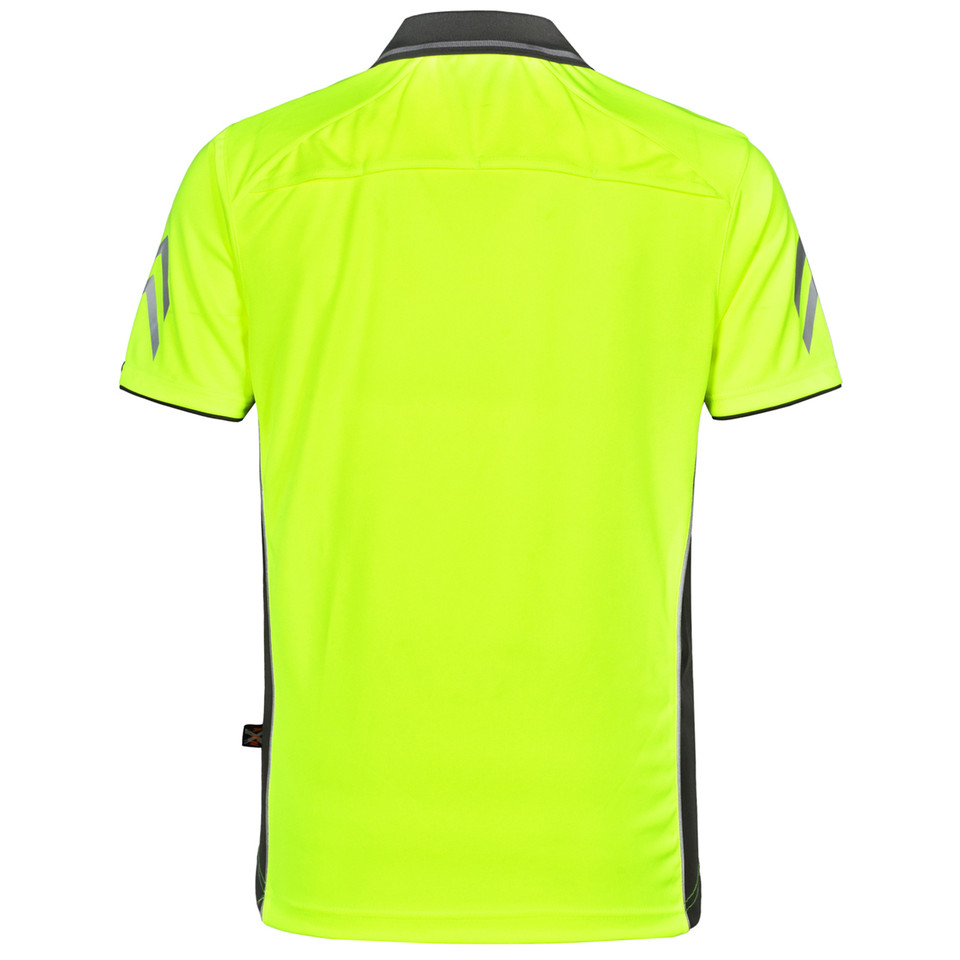 Hi-vis yellow polo shirt with charcoal contrast collar, side panels and reflective shoulder tape detail on back view