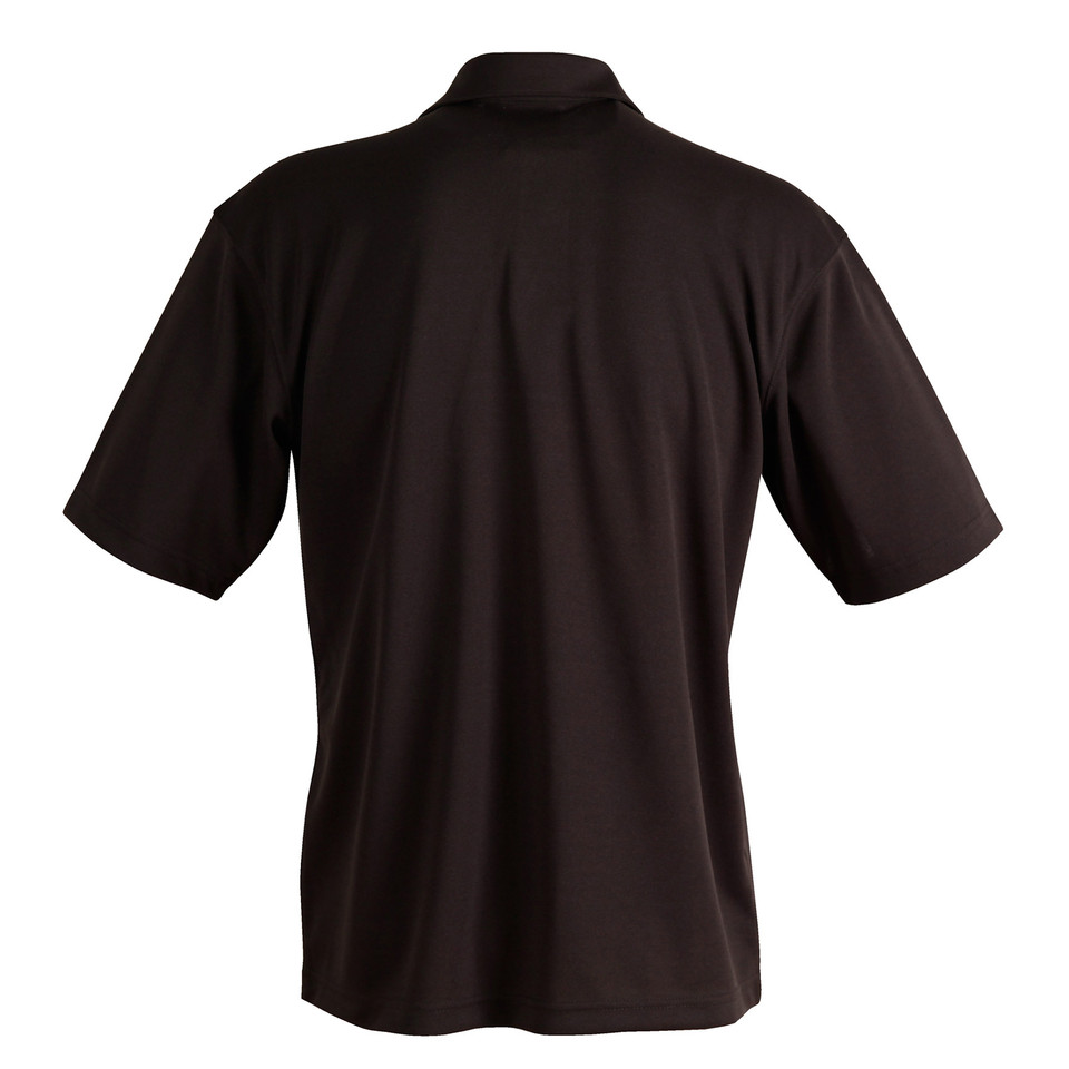 Rear view of a dark brown men's short sleeve polo shirt with smooth back panel and collar
