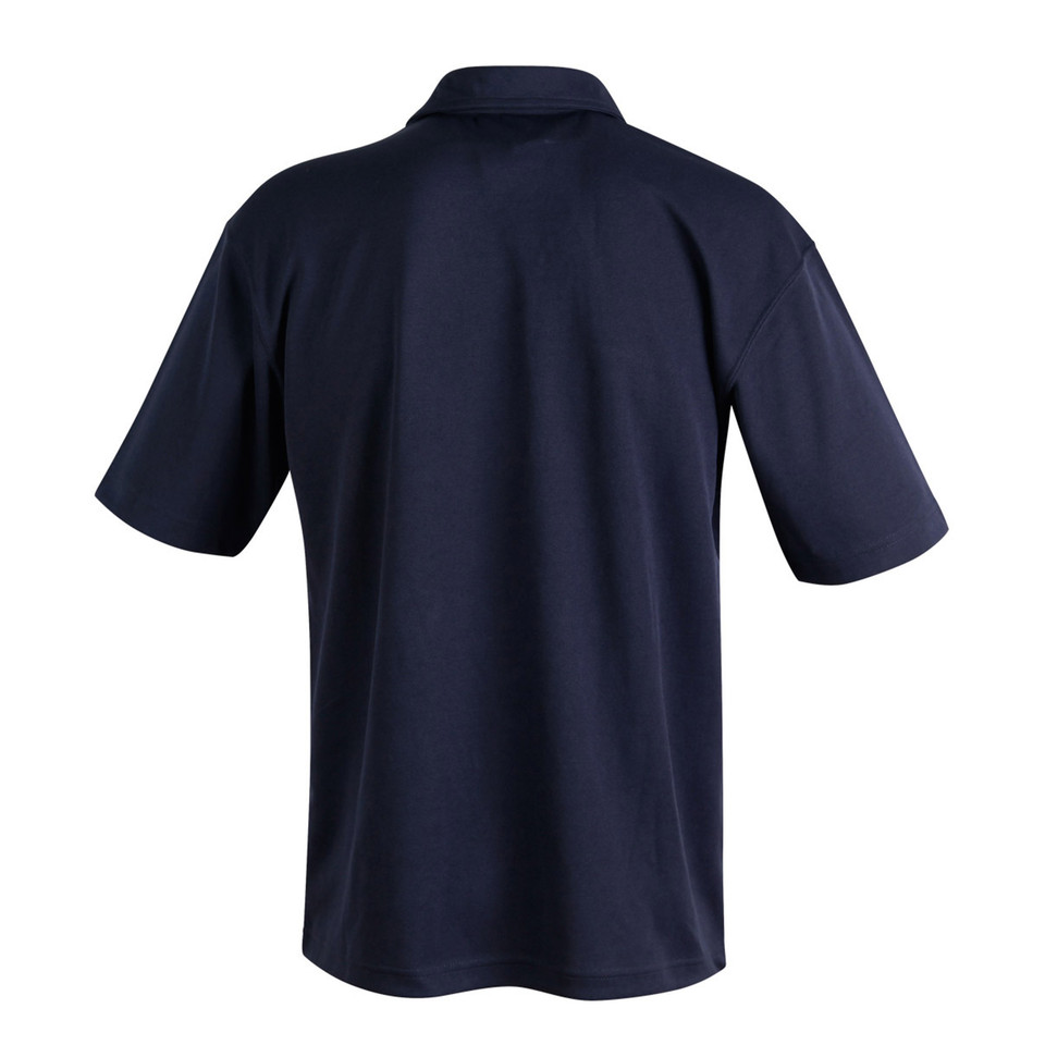 Rear view of a navy blue men's short sleeve polo shirt with smooth CoolDry mesh fabric and fold-down collar