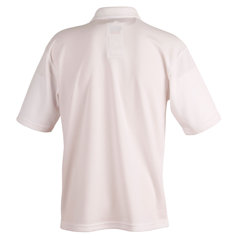 Rear view of a white short sleeve polo shirt with back neck tape detail on a ghost mannequin