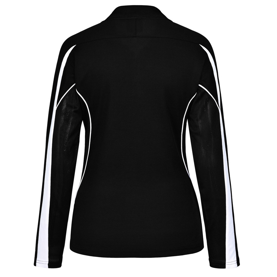 Black White Merit ladies long-sleeve TrueDry contrast polo shirt, featuring moisture-wicking, anti-bacterial properties, and UV protection for women's sports and team uniforms.