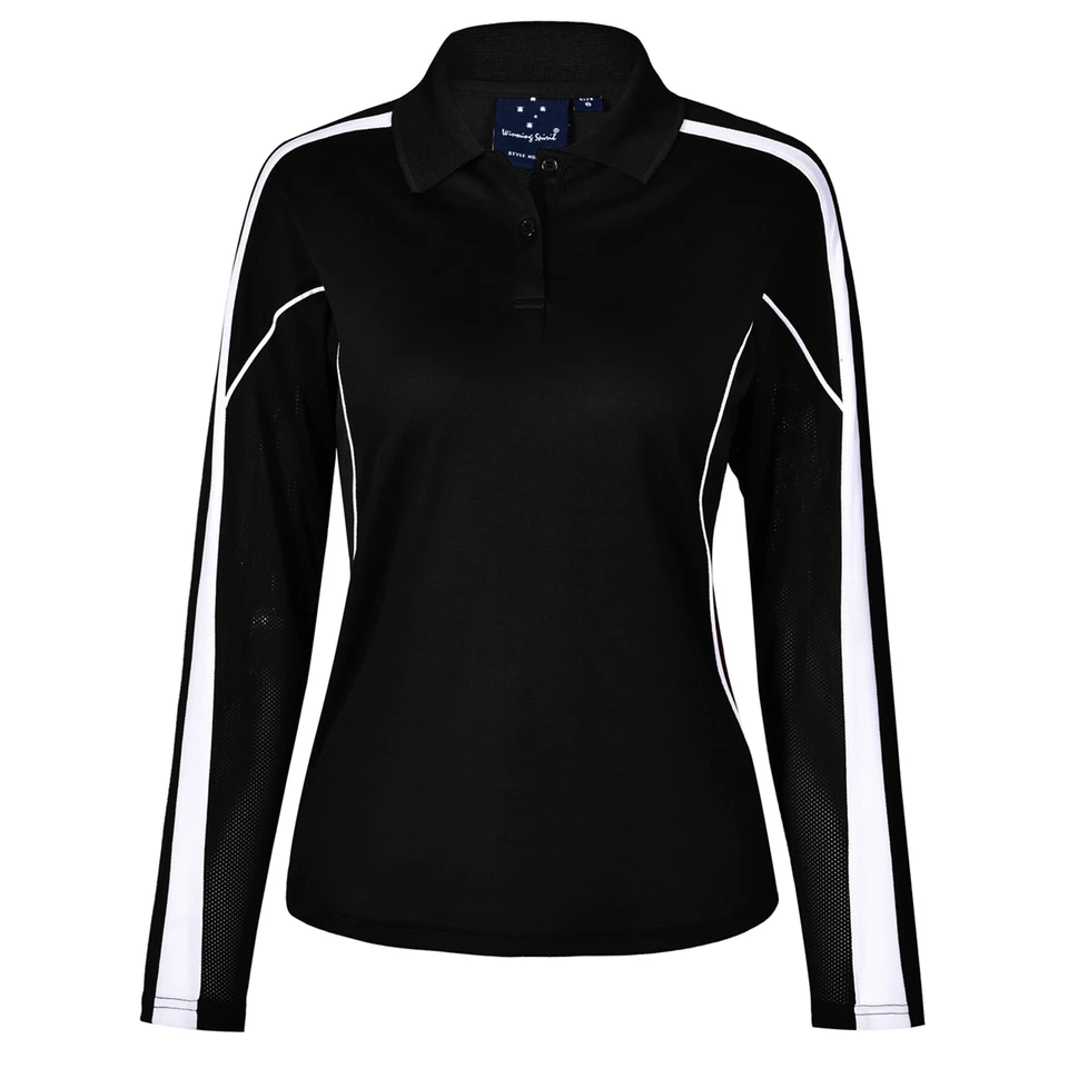 Black long sleeve polo shirt with white side panels and shoulder piping, featuring contrast trim detail