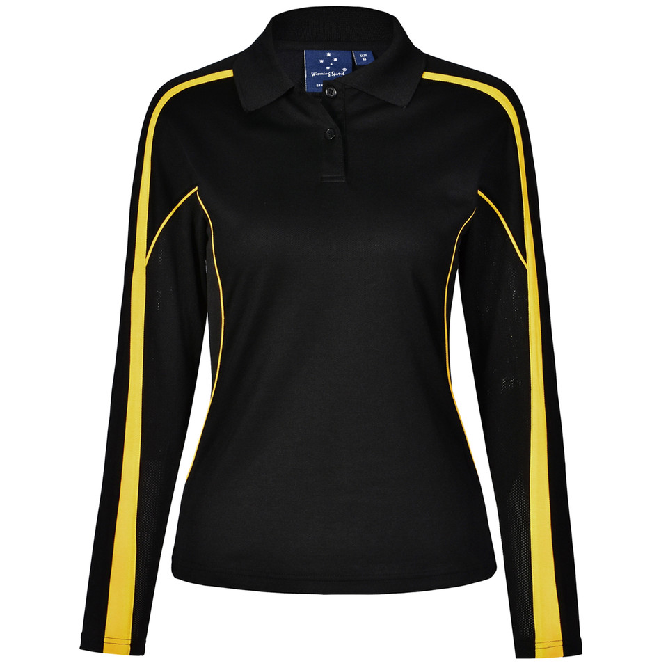 Black Gold Merit ladies long-sleeve TrueDry contrast polo shirt, featuring moisture-wicking, anti-bacterial properties, and UV protection for women's sports and team uniforms.