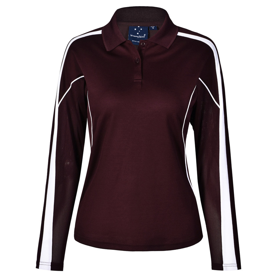 Maroon White Merit ladies long-sleeve TrueDry contrast polo shirt, featuring moisture-wicking, anti-bacterial properties, and UV protection for women's sports and team uniforms.
