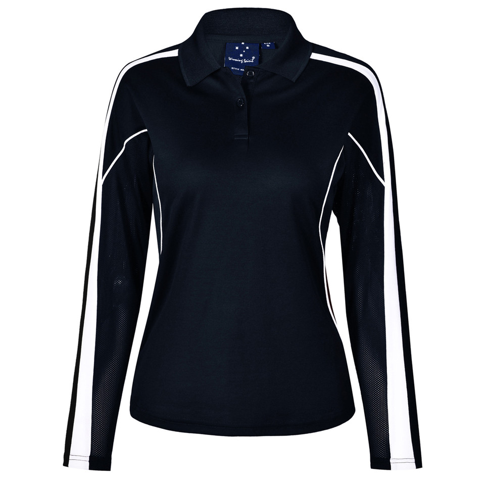 Navy White Merit ladies long-sleeve TrueDry contrast polo shirt, featuring moisture-wicking, anti-bacterial properties, and UV protection for women's sports and team uniforms.