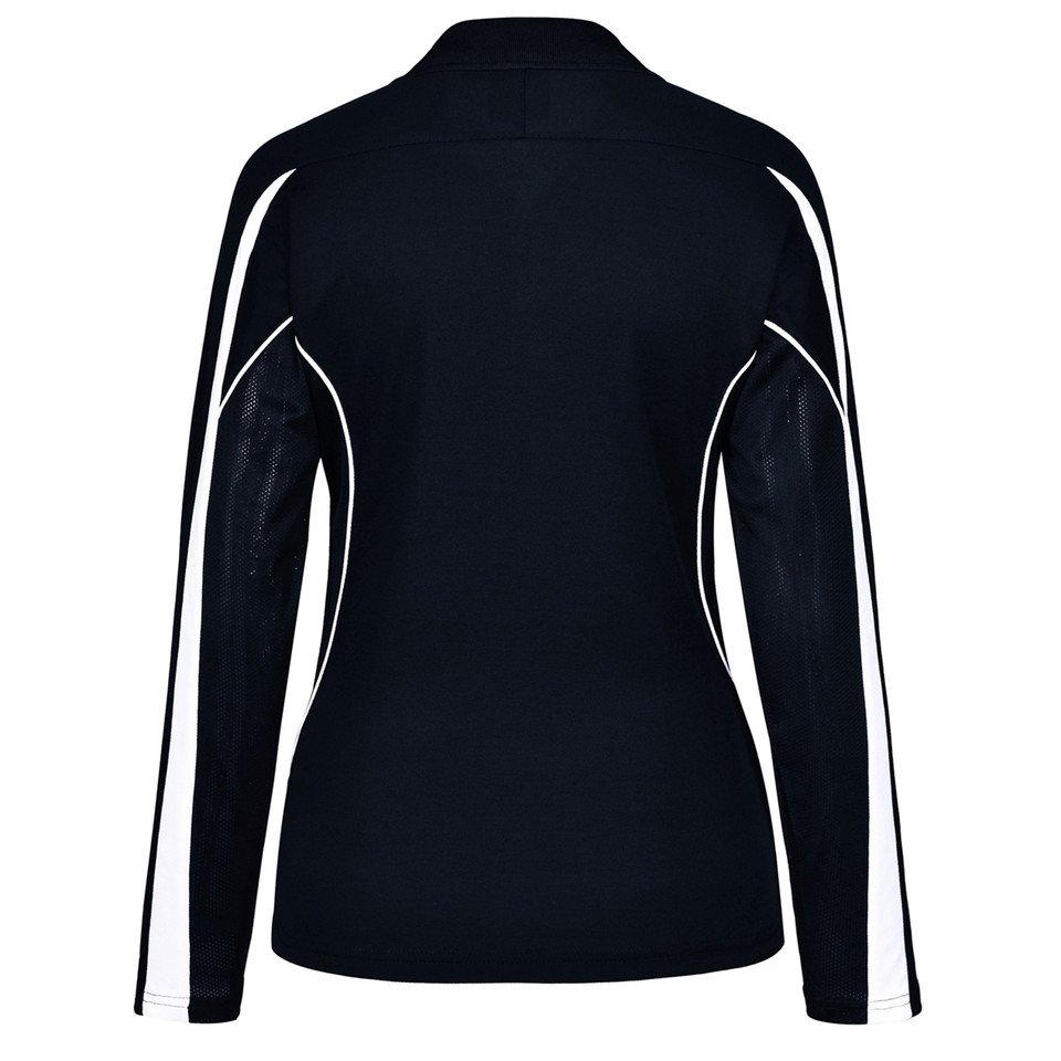 Navy White Merit ladies long-sleeve TrueDry contrast polo shirt, featuring moisture-wicking, anti-bacterial properties, and UV protection for women's sports and team uniforms.