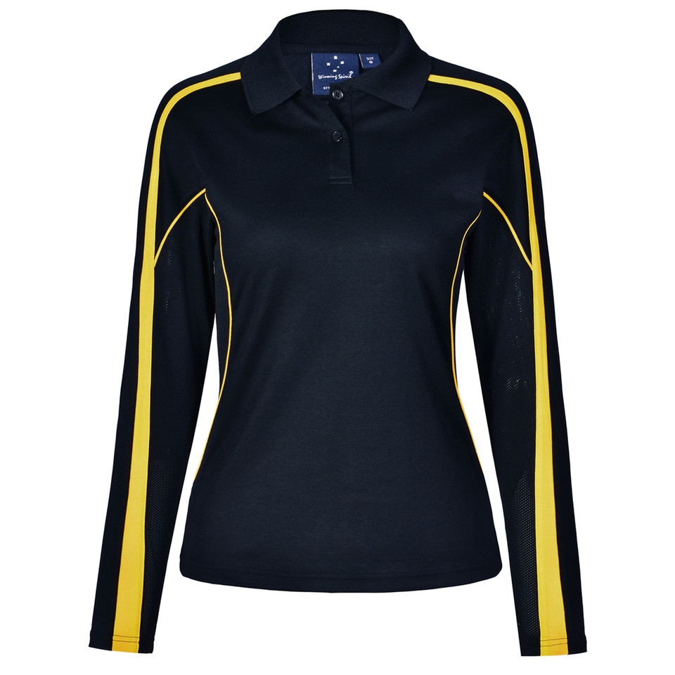 Navy Gold Merit ladies long-sleeve TrueDry contrast polo shirt, featuring moisture-wicking, anti-bacterial properties, and UV protection for women's sports and team uniforms.