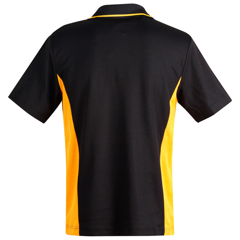 Black polo shirt with gold side panels and matching collar trim, rear view showing contrast panelling detail