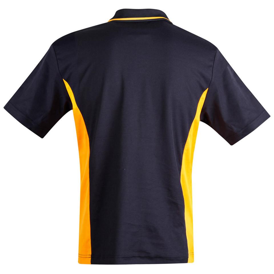 Navy polo shirt with gold contrast side panels and collar trim, rear view showing TrueDry fabric construction