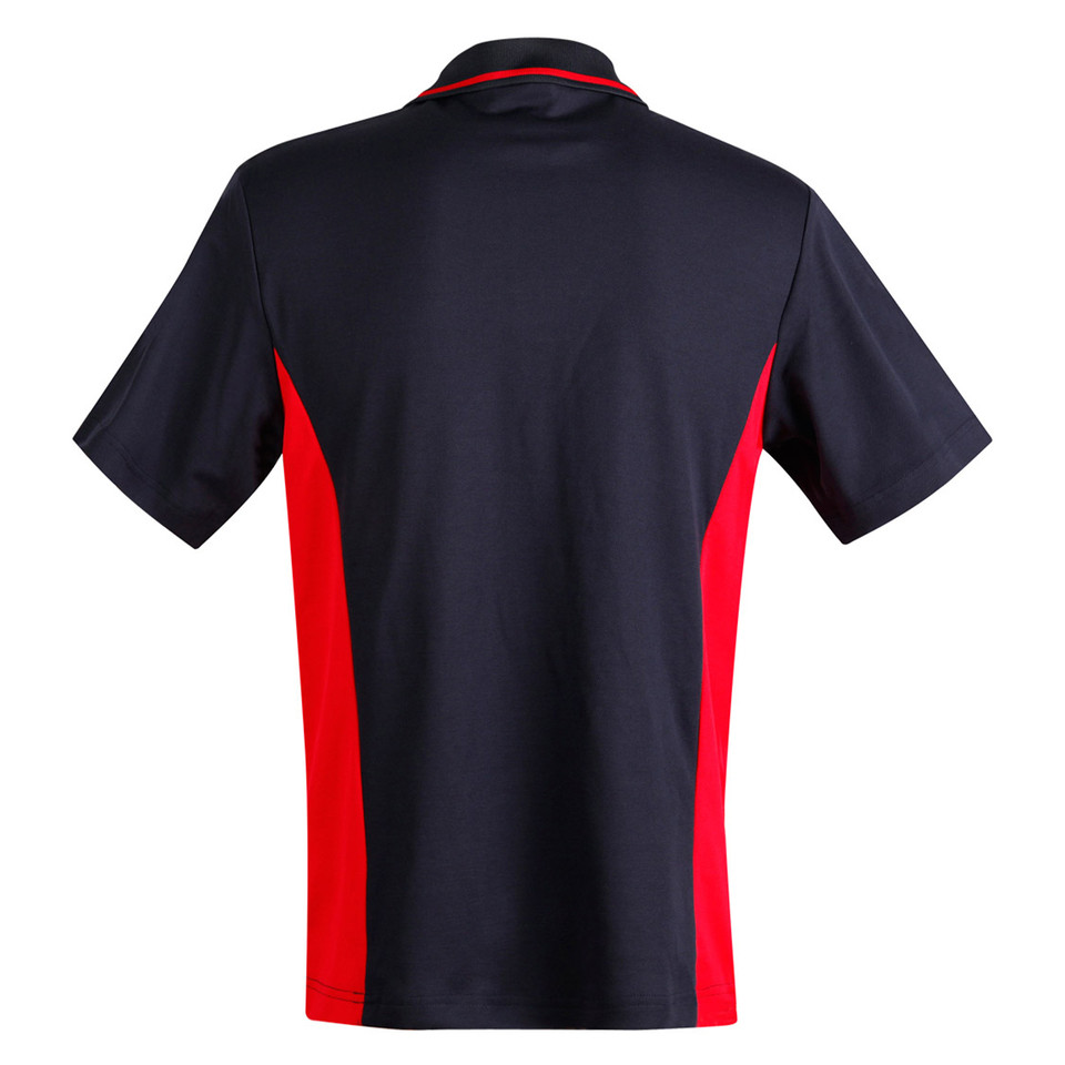 Navy and red contrast panel men's short sleeve polo, rear view showing side inserts and collar piping
