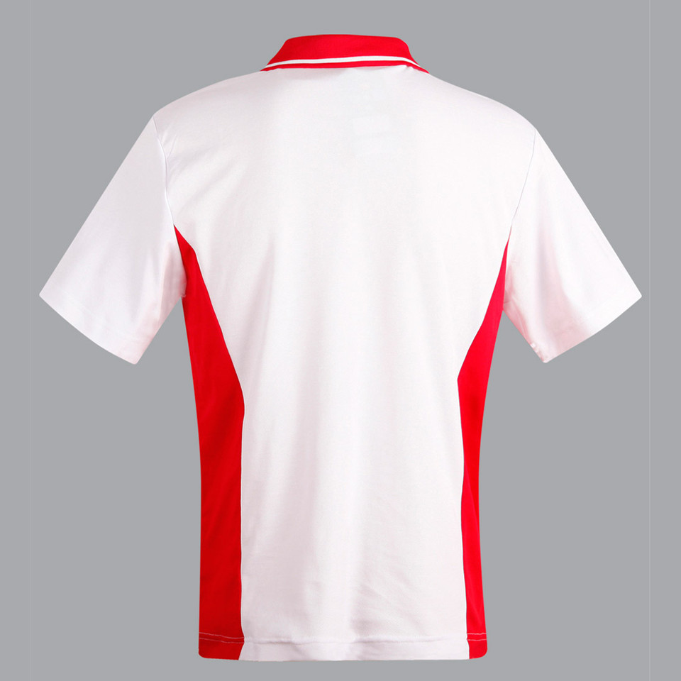 Back view of white short sleeve polo with red side panels and contrast tipped collar