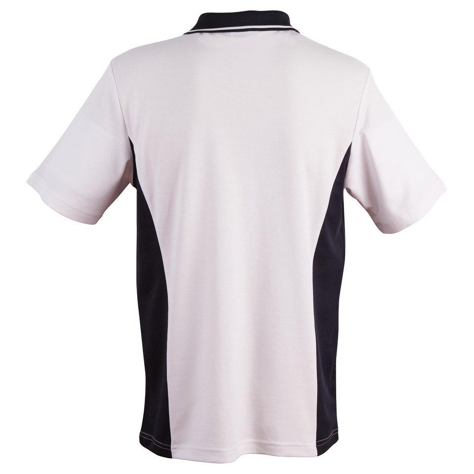 Back view white and black contrast panel short sleeve polo with tipped collar detail