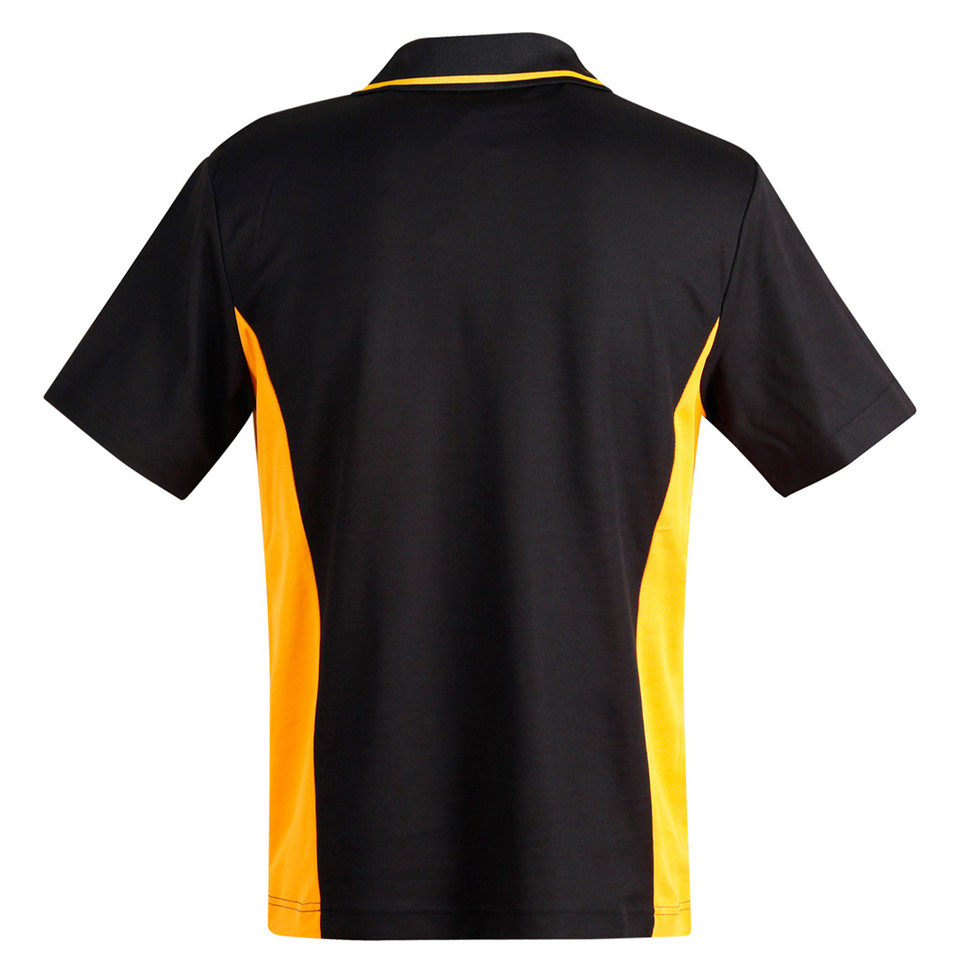 Black polo shirt with gold side panels and collar trim, rear view showing smooth decoration area