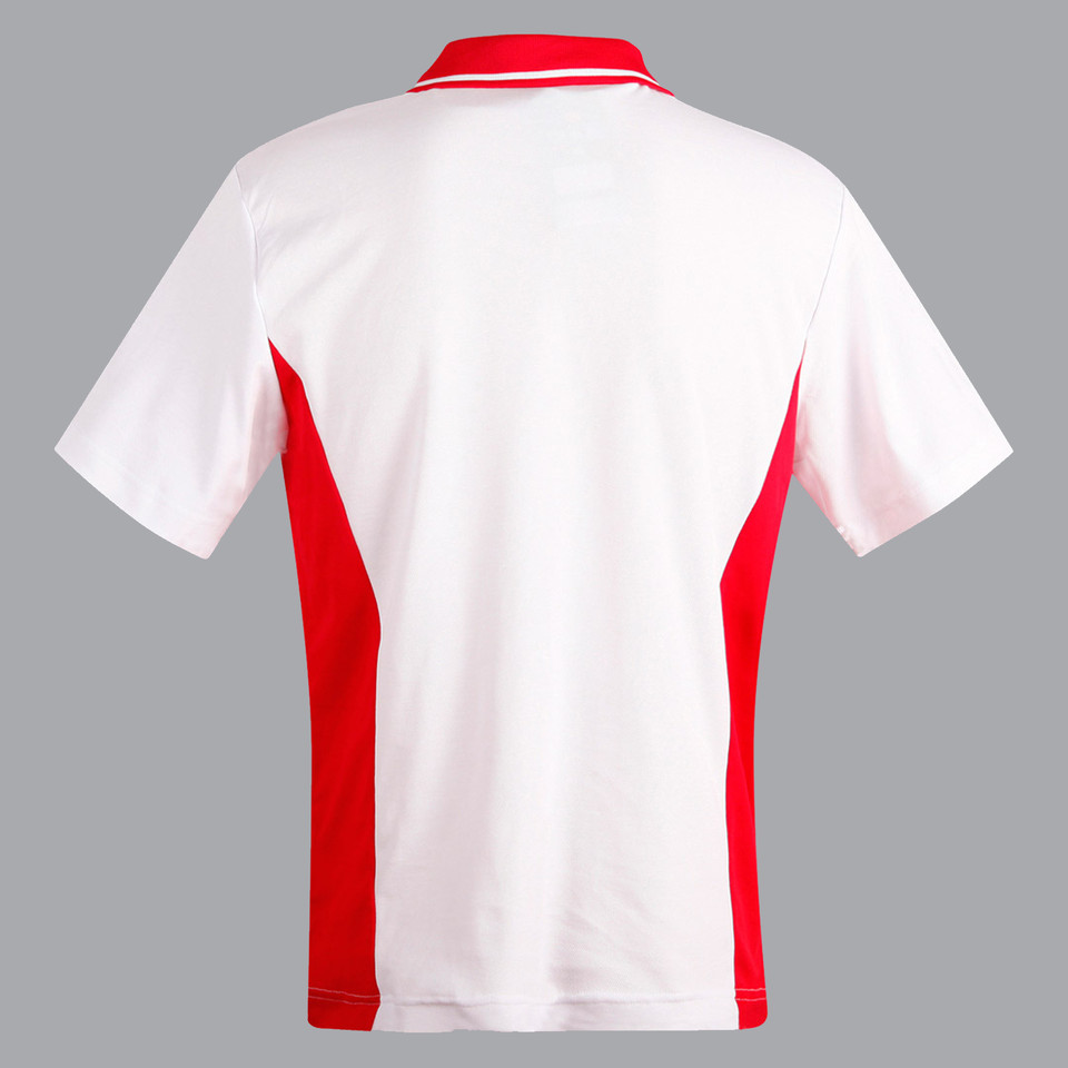 Back view of white and red contrast panel kids polo shirt with tipped collar and short sleeves