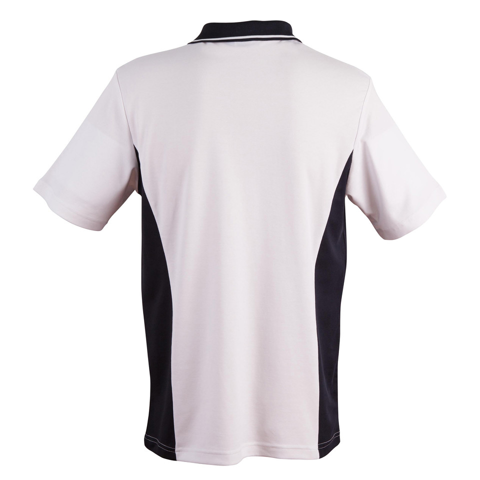 White polo shirt with black contrast side panels and black collar, rear view showing smooth surface ideal for decoration