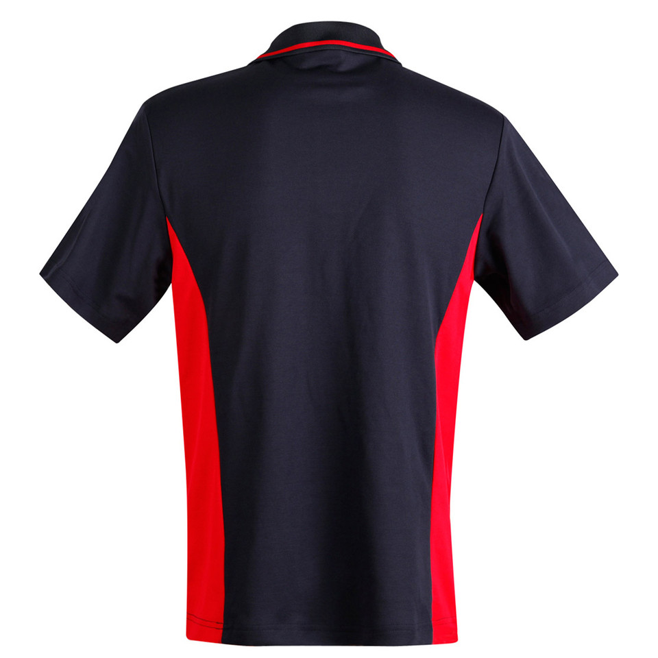 Back view of navy and red kids contrast polo shirt with red side panels and collar tipping