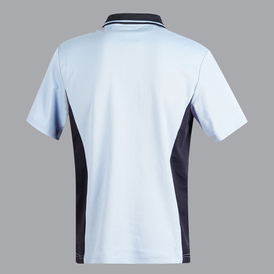 Back view of kids pale blue and navy contrast panel short sleeve polo with tipped collar