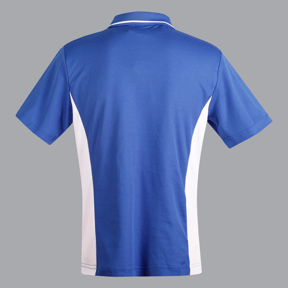 Royal blue kids short sleeve polo shirt back view with white contrast side panels and tipped collar