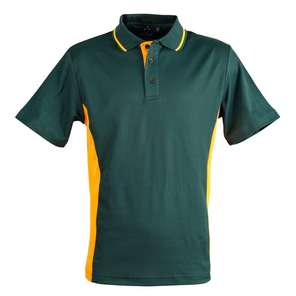 Forest green polo shirt with gold contrast side panels and collar stripe, three-button placket