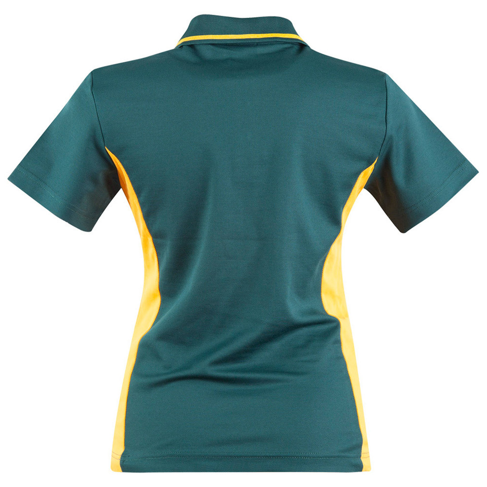 Teal ladies polo shirt with gold contrast side panels and collar trim, short sleeves, back view