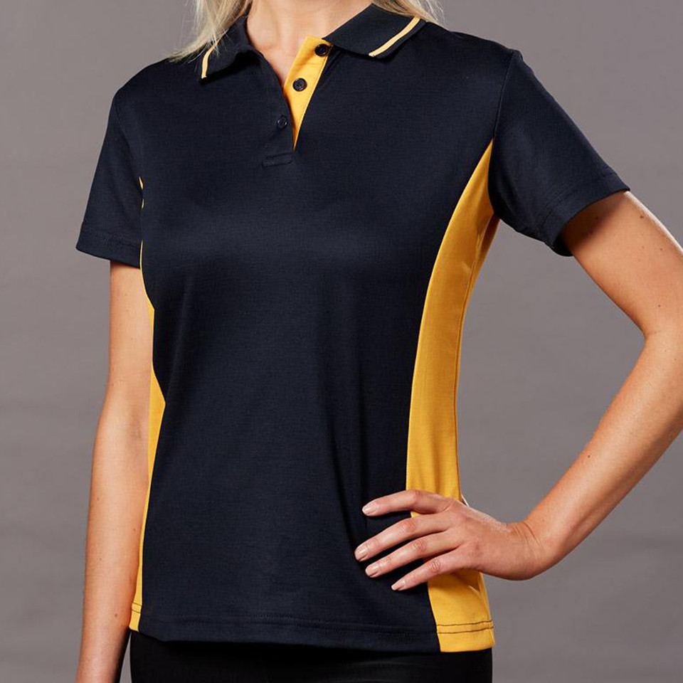 Navy and gold contrast panel ladies polo shirt with gold collar trim and button placket